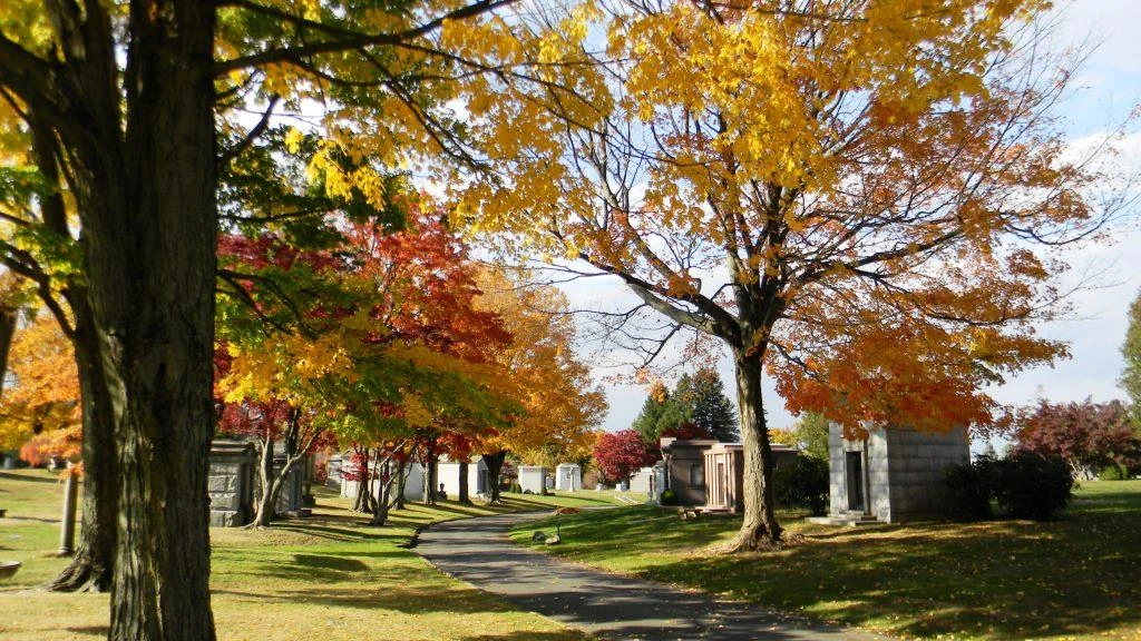 Pathway with mausoleums surrounded by trees with leaves changing color for autumn